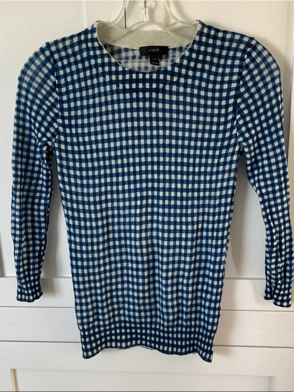 J. Crew Tippi Blue and White Gingham Crewneck Sweater